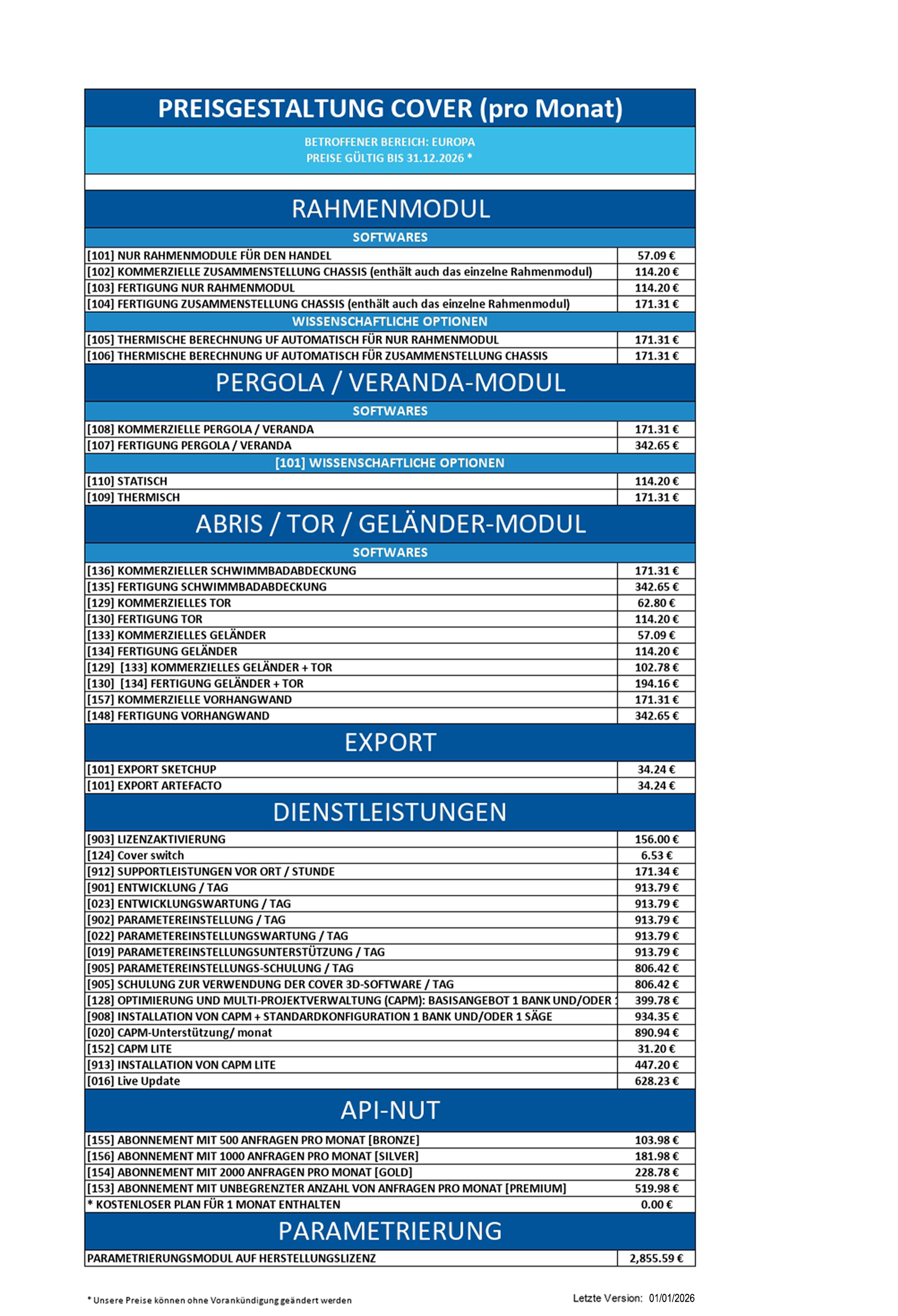 Tarifübersicht cover 2026