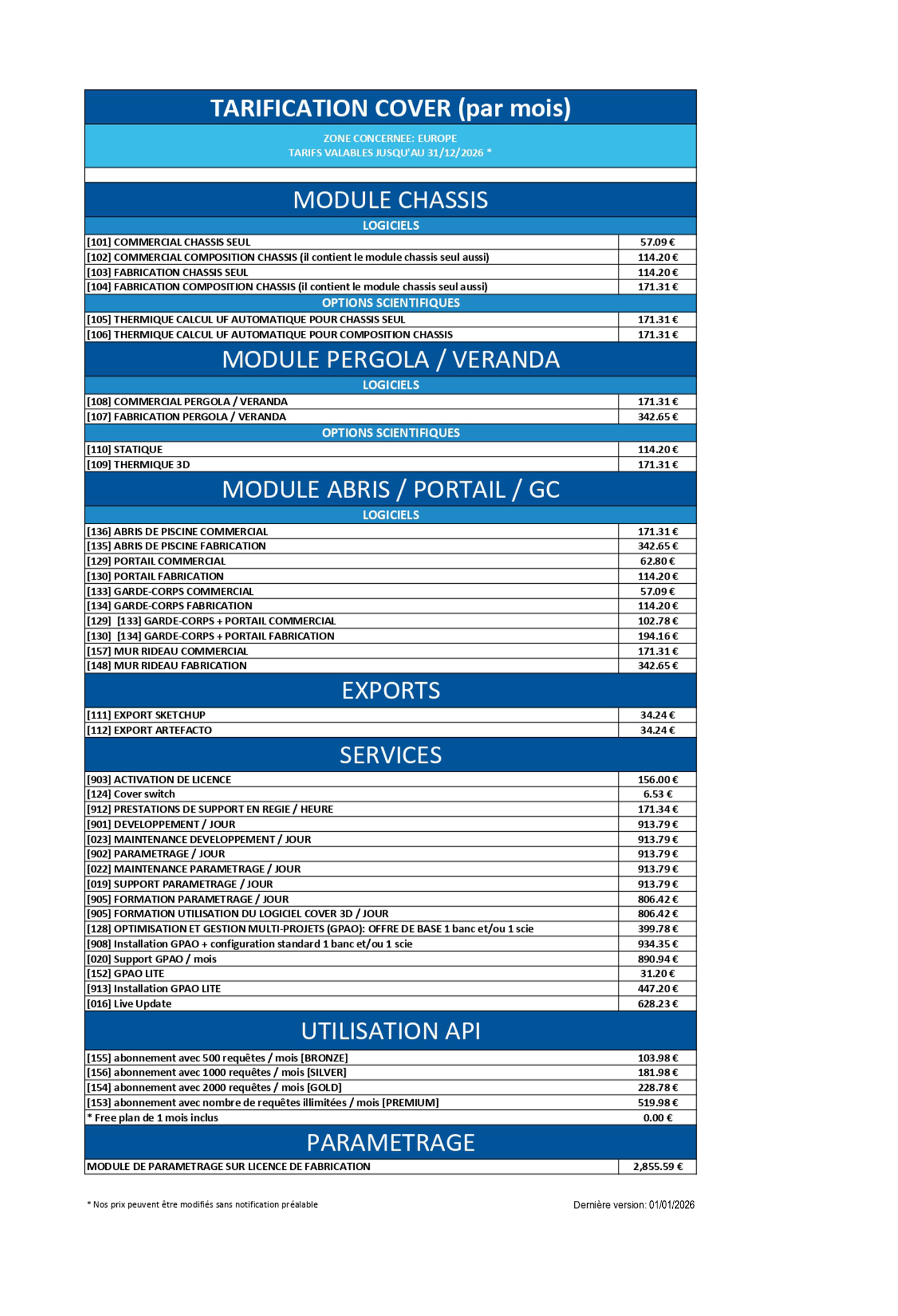 Tarification générale cover 2026